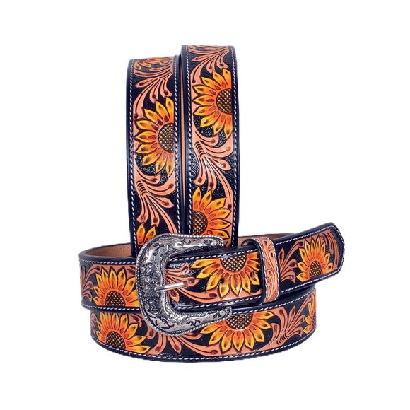 Western Genuine Leather Tooled Belt With Hand Painted Sunflower And 30is004-44💓